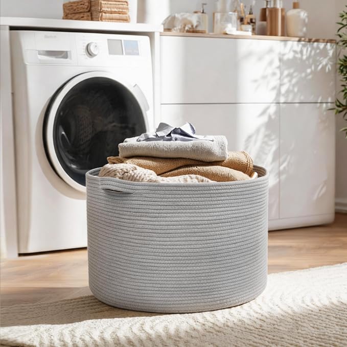 115L Super Large Gray Blanket Basket, 23.6"x15.7" Woven Cotton Rope Storage - Image 7