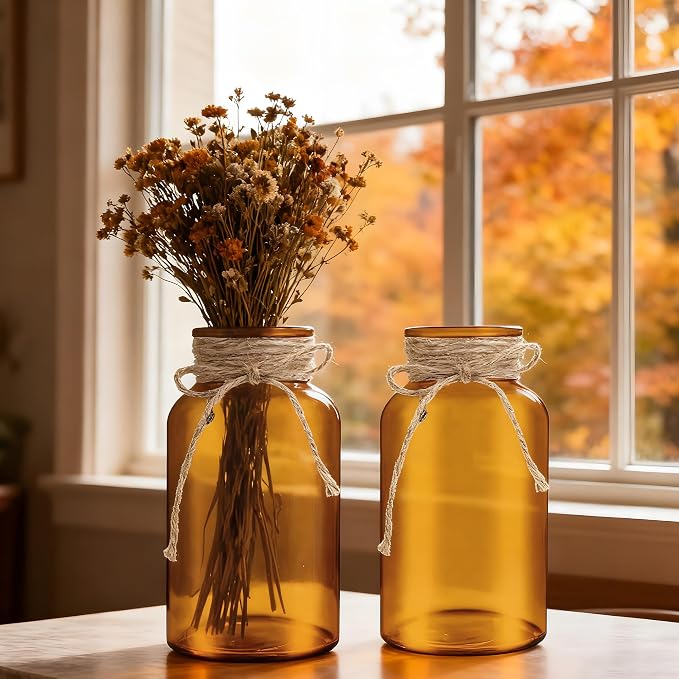 3 Pack Mason Jar Vases for Centerpieces, Amber Glass Flower Vase | Vintage - Image 3