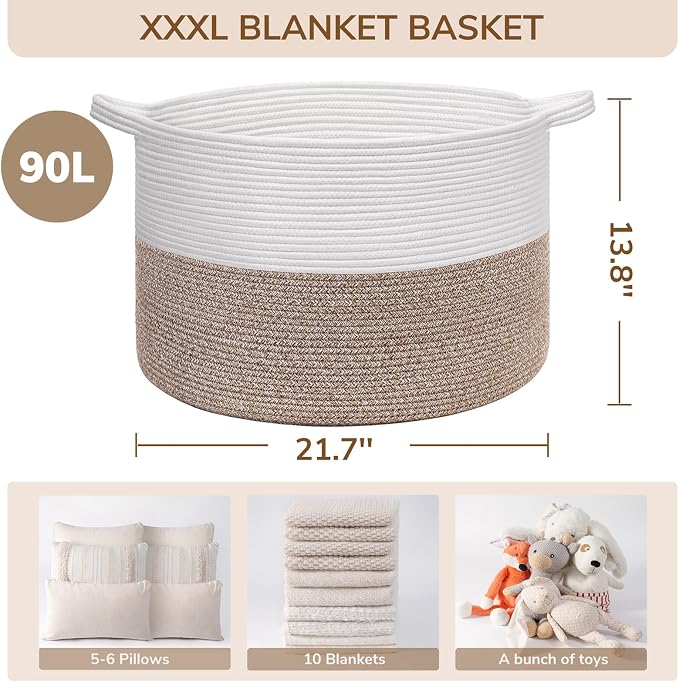 INDRESSME XXXLarge Woven Rope Blanket Basket Living Room Brown, 90L | 21.7" x - Image 7