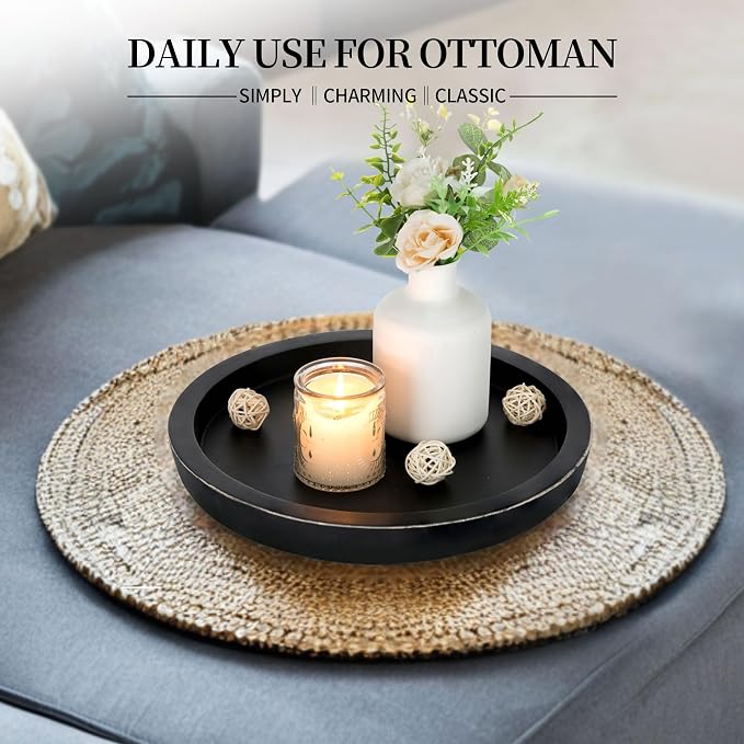 Hanobe Wooden Tray for Coffee Table: Candle Holder Plate Black Round Decorative - Image 2