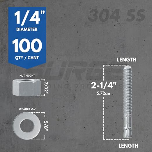 1/4" X 2-1/4" 304 Stainless Steel Wedge Anchors - Image 3
