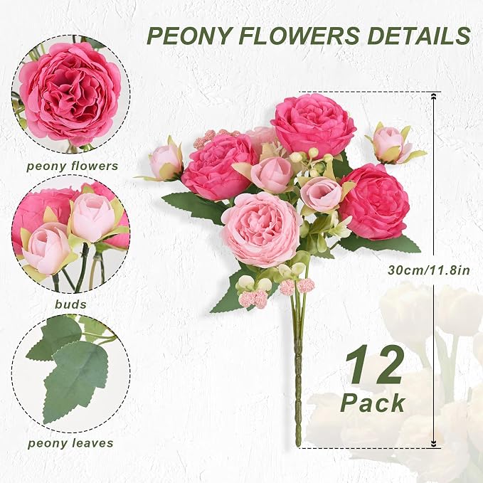 12 Packs Peonies Artificial Flowers, Mixed Pink Silk Artificial Peonies | Fake - Image 4