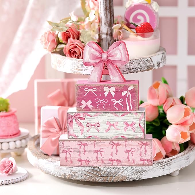 Conelist 4 Pcs Pink Bow Room Decoration Coquette Gift Pink Bow Block Sign - Image 4