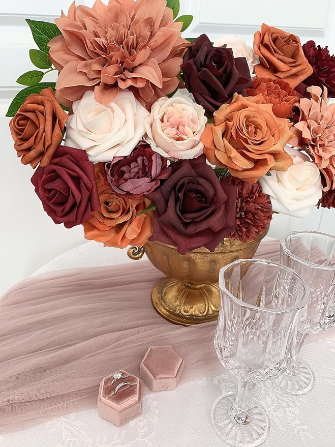 FACINOC Roses Artificial Flowers Orange Bouquet Fake Flower Dahlia Box Set | - Image 5