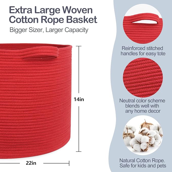 Extra Large Red Basket for Organizing, Baby Nursery Wicker Laundry Basket - Image 2