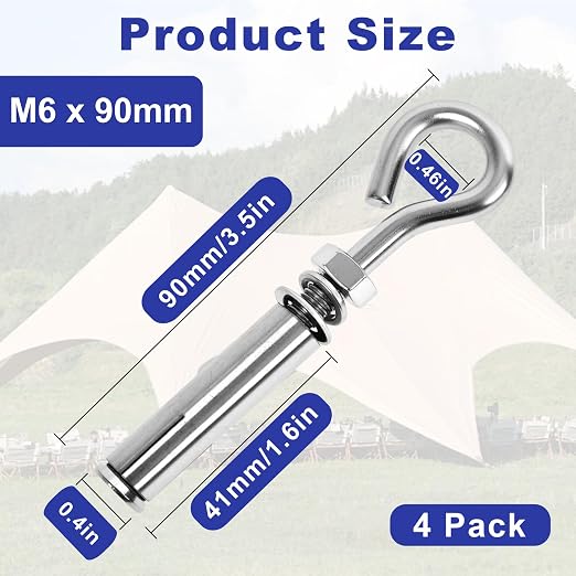 4 Pack 1/4" X 3-1/2" Expansion Eye Bolt, Concrete Eyebolt Anchors, Heavy Duty - Image 2