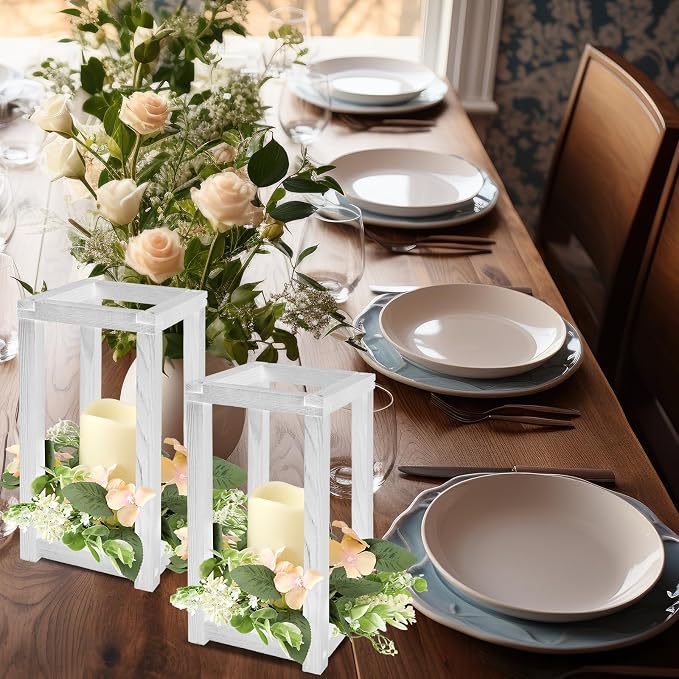 Hushee 30 Pcs Wooden Wedding Lantern Centerpiece Candles Wreaths Set, LED - Image 5