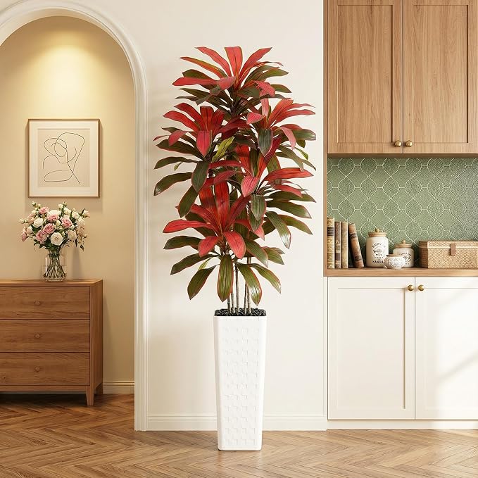 Artificial Dracaena Tree: 7FT Fake Plants Silk Faux Trees（White Pot） | - Image 4