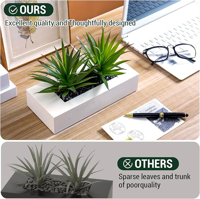 MyGift 10 Inch Artificial Green Grass in White Rectangular Wood Planter | - Image 6