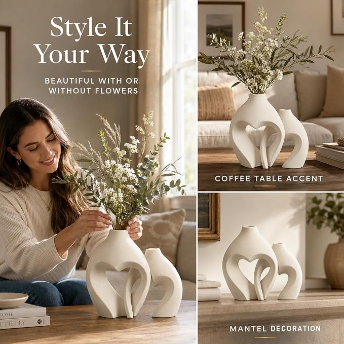 White Ceramic Flower Vase Home Table Decor Heart Shaped Vase Set of 2 | Boho - Image 4