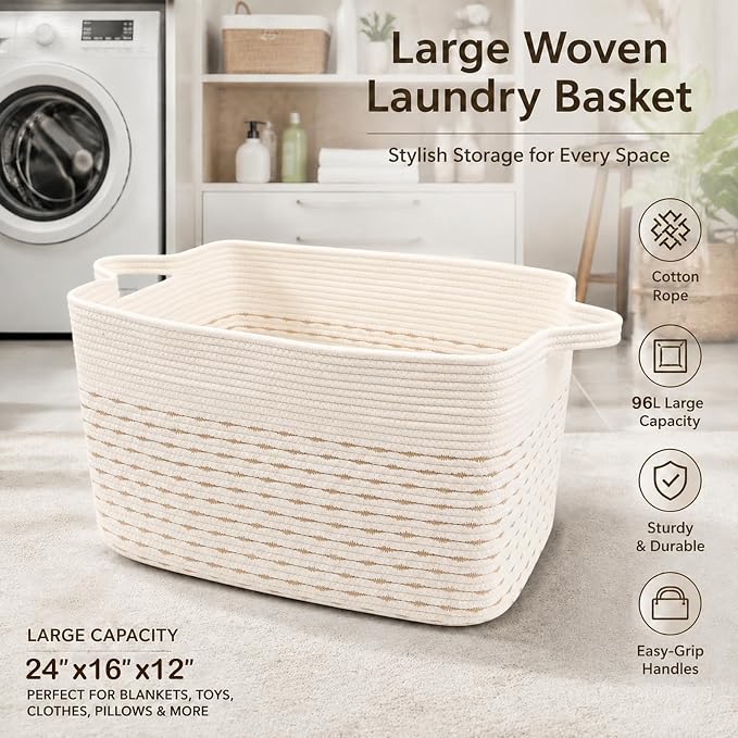 96L Woven Laundry Basket with Handles, Extra Blanket Basket, Living Room - Image 5