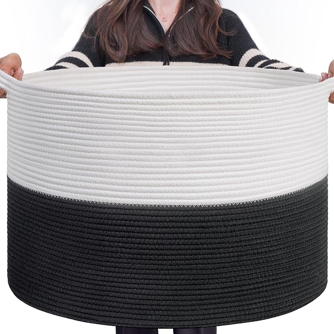INDRESSME XXXLarge Woven Rope Blanket Basket Living Room White Black, 90L | by INDRESSME