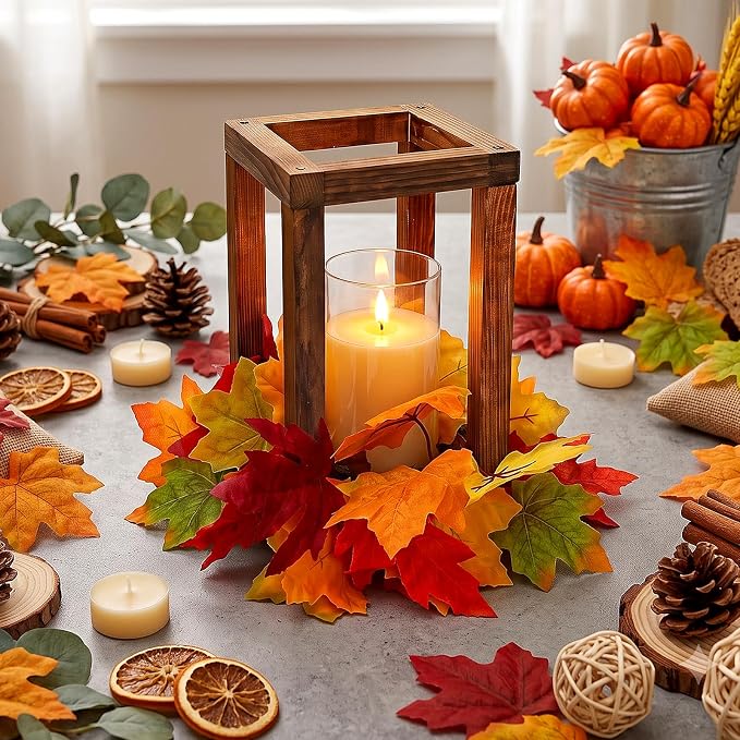 18 Pcs Wooden Lantern Centerpieces, Fall Table Decor | Maple Leaves Candles - Image 5