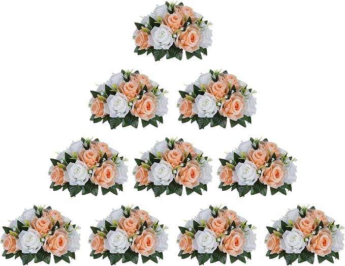 BLOSMON Flower Balls for Wedding Centerpieces: 10pcs 9.5 Inch Fake Rose | Peach by Blosmon