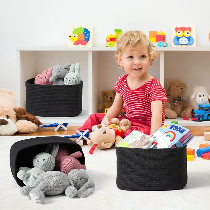 XUANGUO Woven Cotton Rope Storage Baskets 15x10x9.3" 3 Pack Black | Decorative - Image 5