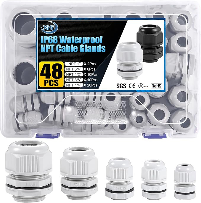 XHF IP68 Nylon Waterproof NPT Cable Glands Assortment 48pcs 1/4" by XHF