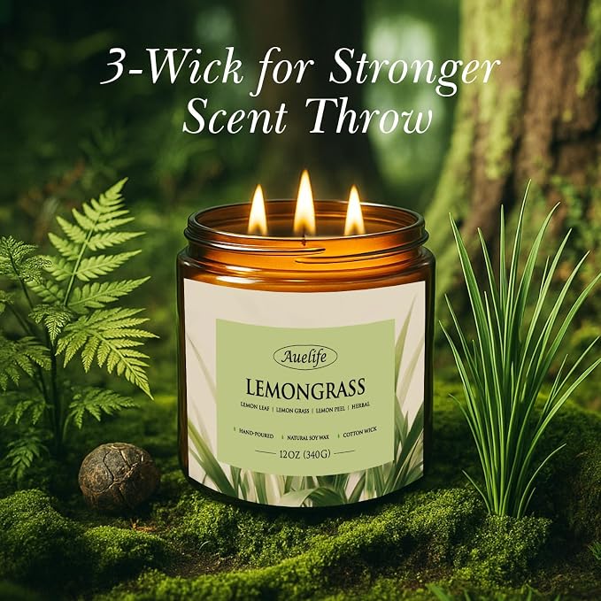Lemongrass Scented Candle, 3-Wick Jar Candle, 12oz Natural Soy Wax | Indoor & - Image 3