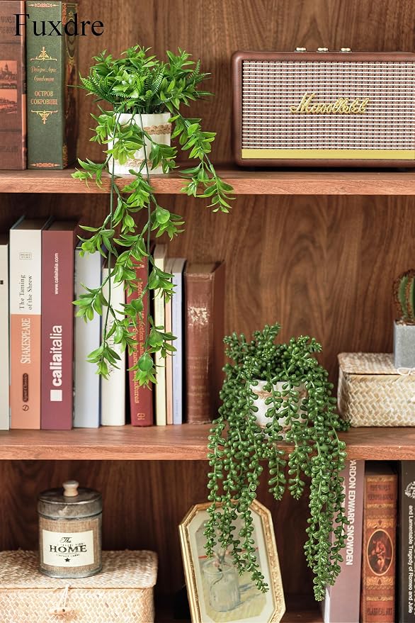 2 Pack Fake Hanging Plants, Faux Eucalyptus Vine Fern and String of Pearls | - Image 4