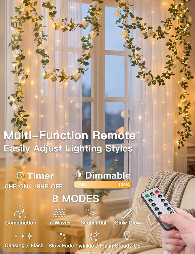 60LED Garland with White Camellia Lights Battery Operated Clear Wire | Vines - Image 2