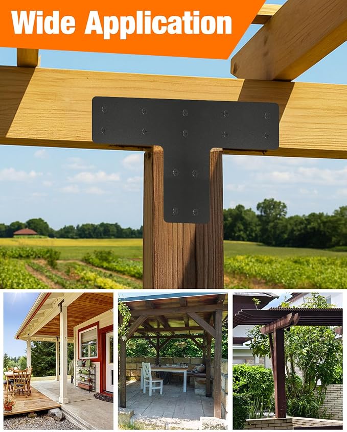 6 Pack 12"x8" T Post Timber Frame Brackets, T Flat Mending Plate | Post to Beam - Image 6