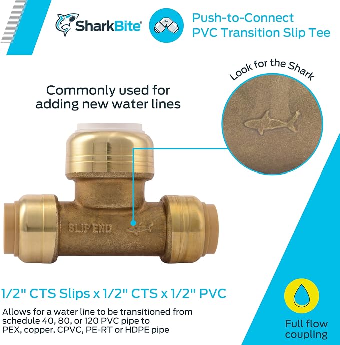 SharkBite 1/2 Inch Slip CTS x CTS x PVC Transition Slip Tee, Push To Connect - Image 2