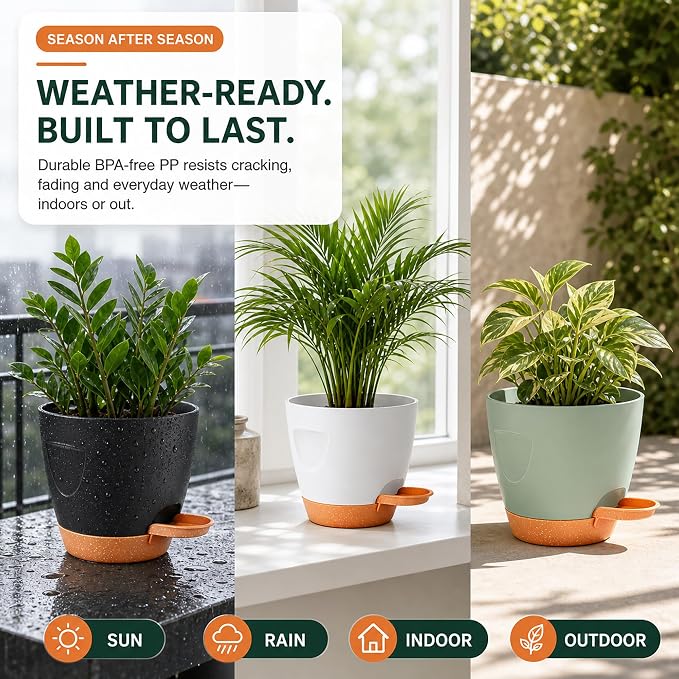 Self Watering Planter Pots for Plants, Drainage holes and saucers, - Image 6