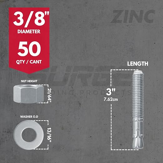 3/8" x 3" Zinc-Plated Wedge Anchors - Image 2