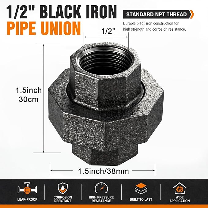 Hicarer 20 Pack 1/2" Malleable Iron Union, Female Threaded Pipe Connector - Image 2