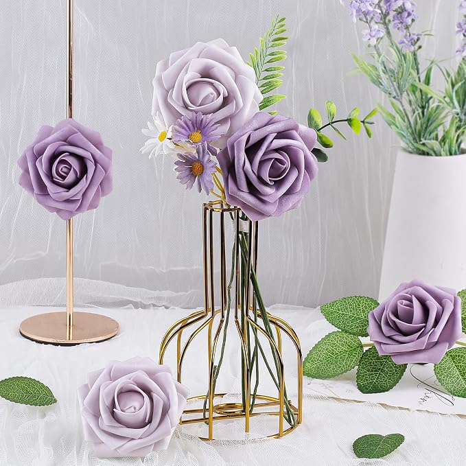 AmyHomie Pale Lavender Rose 25pcs Real Looking Artificial Flowers w/Stem | - Image 5