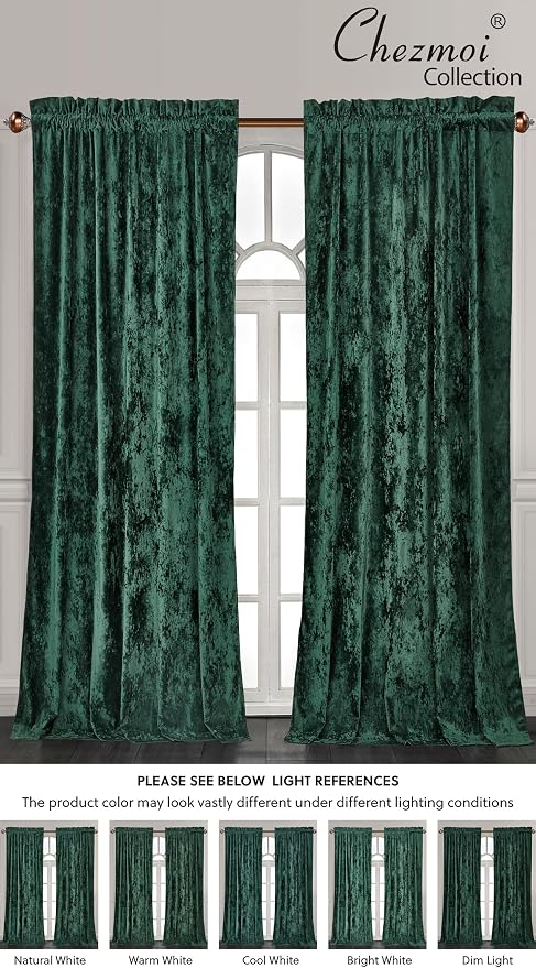 Chezmoi Collection Lux Forest Green Crushed Velvet Curtains 2 Panel Set - Image 5