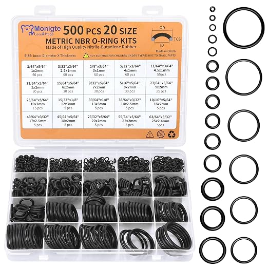 500 Pcs 20 Sizes O Ring Kit, Rubber O-Ring Assortment Kit, Rubber Washers by Monigte
