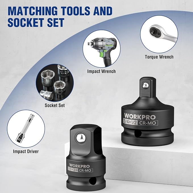 WORKPRO CR-MO 3/4F to 1/2M Impact Socket Adapter, Square Drive Reducer | CR-MO - Image 9