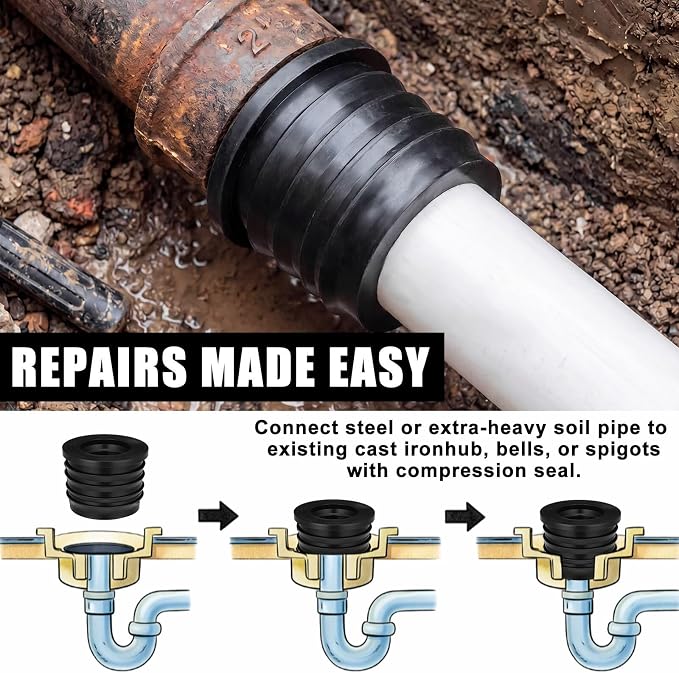 4 Pack 2'' to 1.5'' Cast Iron Hub to PVC Adapter Sewer Pipe Repair Kit Flexible - Image 6