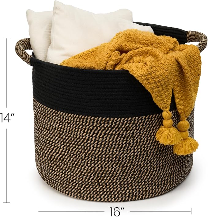 Blanket Basket for Living Room, Woven Rope Storage Basket | 16"D x 14"H | Black - Image 2