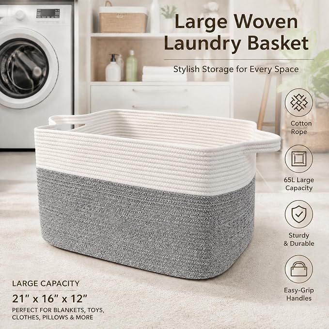 65L Laundry Basket with Handles, Woven Blanket Basket, Living Room - Image 5