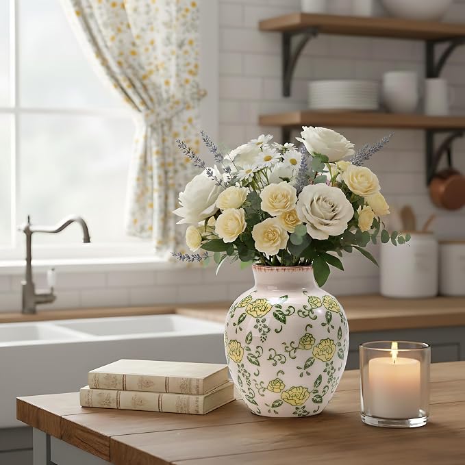SIDUCAL Ceramic Vintage Vase, 5.83 Inch Yellow Rose Chinoiserie Floral Vase - Image 8