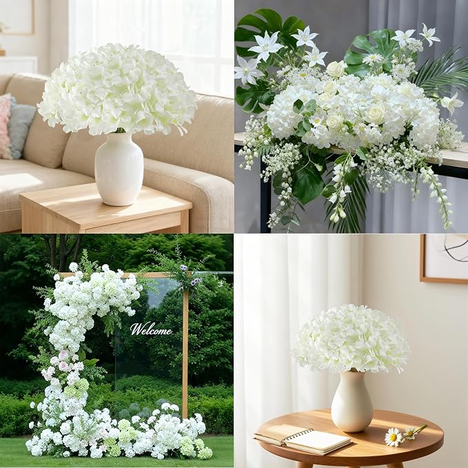 65Pcs White Hydrangea Artificial Flowers Bulk，Realistic Silk Fake Flowers - Image 5