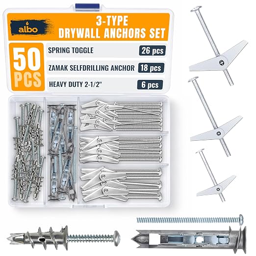 ALBO 50PCS Drywall Anchors and Screws Kit, Spring Toggle Bolts by BinamInc