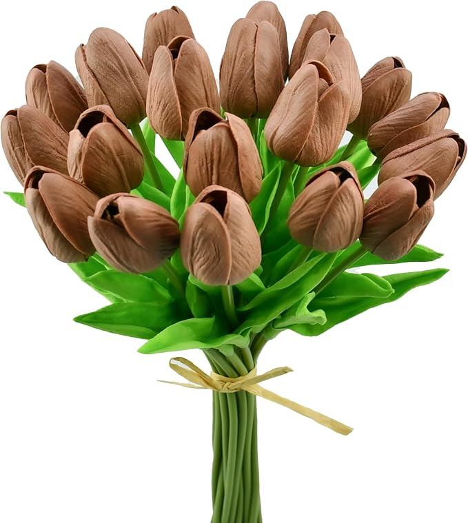 Mandy's 20pcs Artificial Brown Tulips | 13.5 Inch Lifelike PU Tulips Faux by Mandys