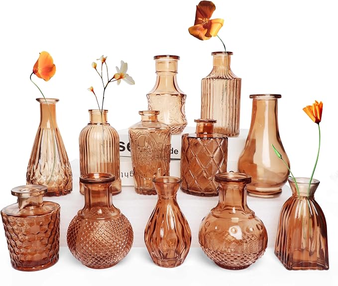 Petal Petite Middle Amber Glass Bud Vase Set of 12 by Unknown