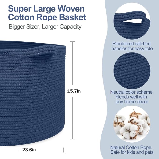 115L Dark Blue Basket for Organizing, 23.6" x 15.7" XXXL Woven Cotton Rope - Image 2