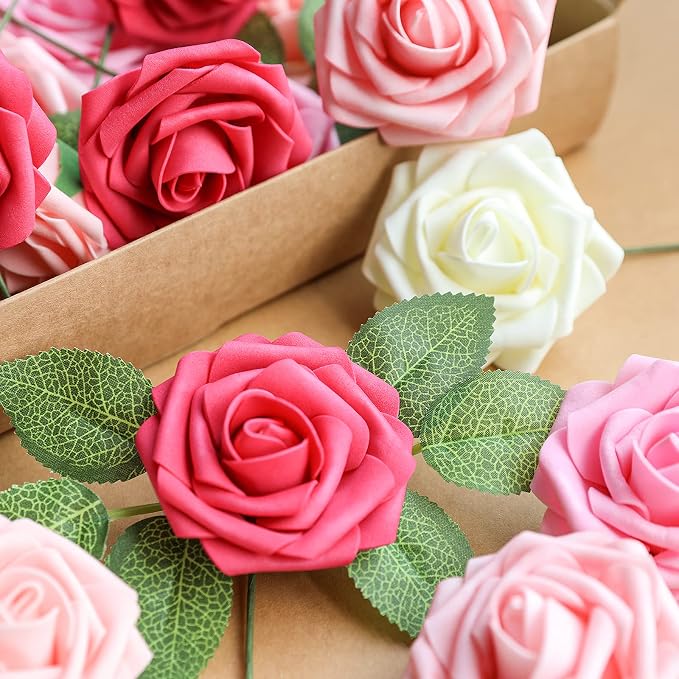 AmyHomie Seriesa Red Rose 100pcs Real Looking Artificial Flowers w/Stem | - Image 3