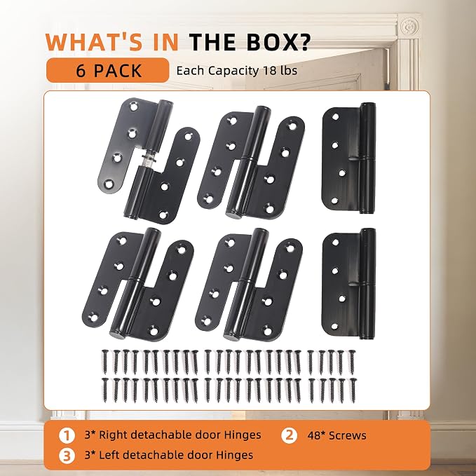 6-Pack Black Heavy Duty Lift Off Hinge, Thickness 2.8mm Left & Right Hinges - Image 6
