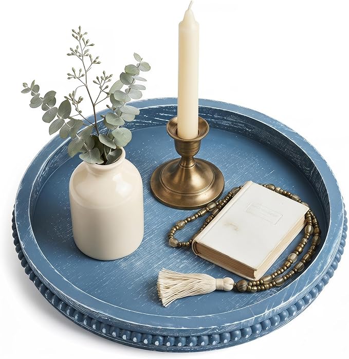 Hrastany Round Blue Wood Decorative Tray by Hrastany