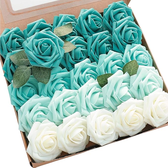 Artificial Flowers 25pcs Real Looking Green Ombre Colors Foam Fake Roses by Floroom