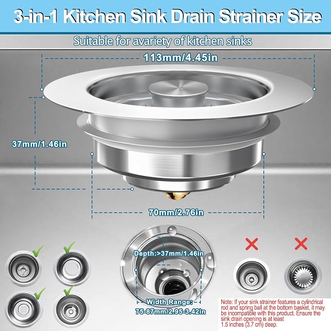 Sink Drain Strainer 3 in 1, 304 Stainless Steel Pop Up Kitchen Sink Stopper - Image 3