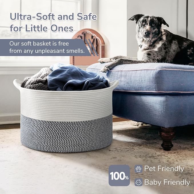 INDRESSME XXXLarge Woven Rope Blanket Basket Living Room Navy, 90L | 21.7" x - Image 5
