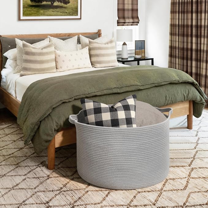 115L Super Large Gray Blanket Basket, 23.6"x15.7" Woven Cotton Rope Storage - Image 5