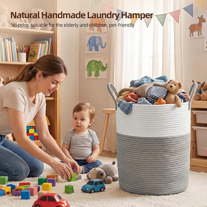OIAHOMY 60L Nursery Hamper Laundry Basket Laundry Hamper Grey/White | - Image 5