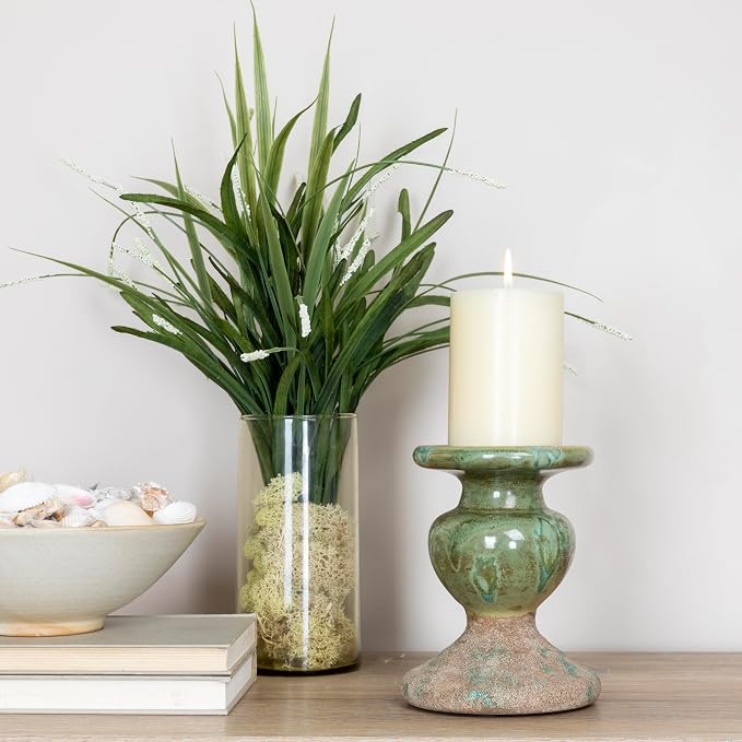 Creative Co-Op 2-Tone Sculptural Terracotta Pillar Candle Holder, Distressed - Image 3